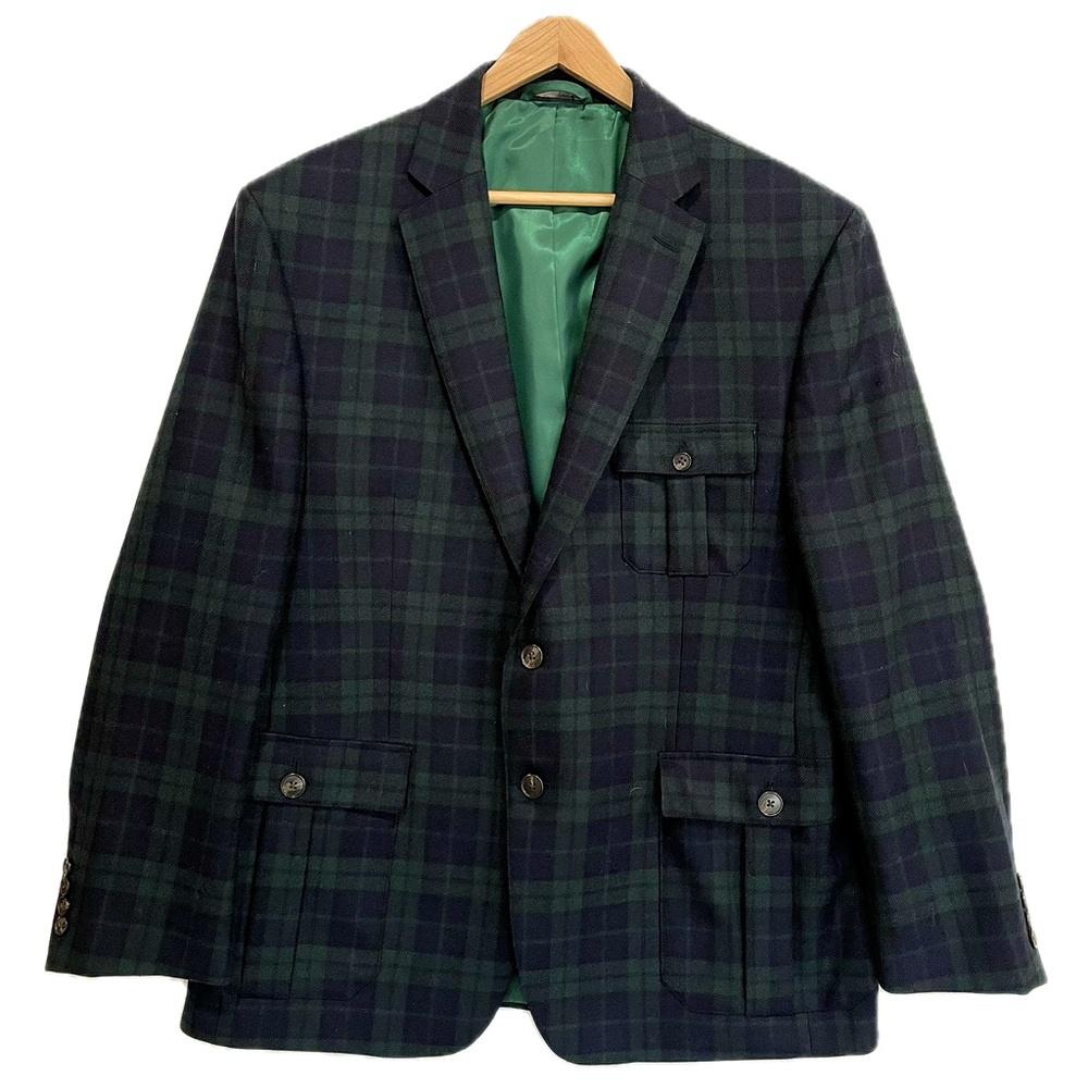 Izod 100% Wool Plaid Blazer Mens Size 42S Classic Dark Green Cargo Pocket Jacket